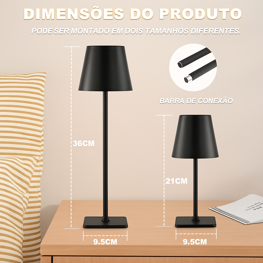 Luminária Abajur LED Recarregável Touch Dimerizável com 2 Alturas