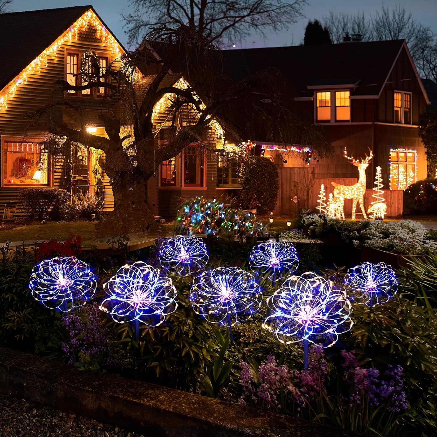 Luminária Solar Estaca LED Efeito Fogos de Artifício para Jardim
