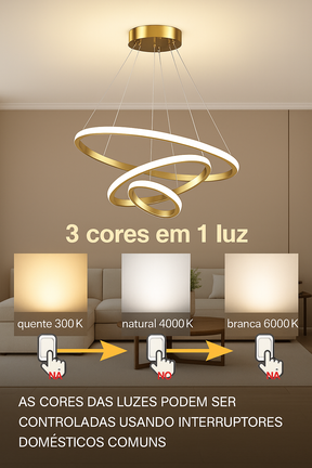 Lustre Nórdico LED Triplo Círculo com 3 Temperaturas de Luz