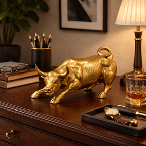 Escultura Decorativa Touro Wall Street Dourado em Resina