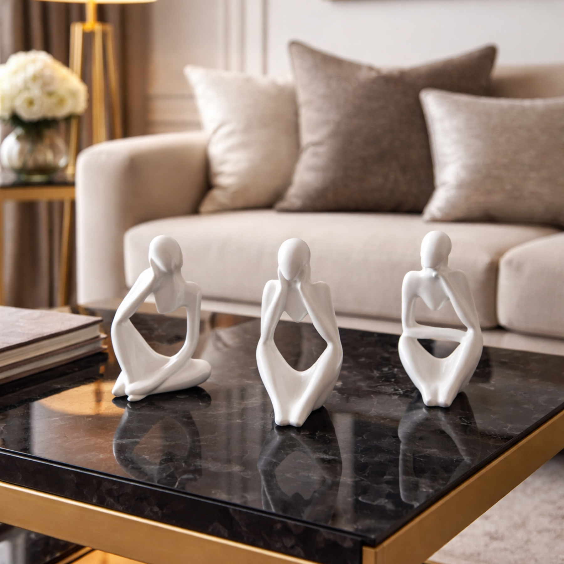 Kit Decorativo com 3 Estátuas Pensador Moderno em Porcelana