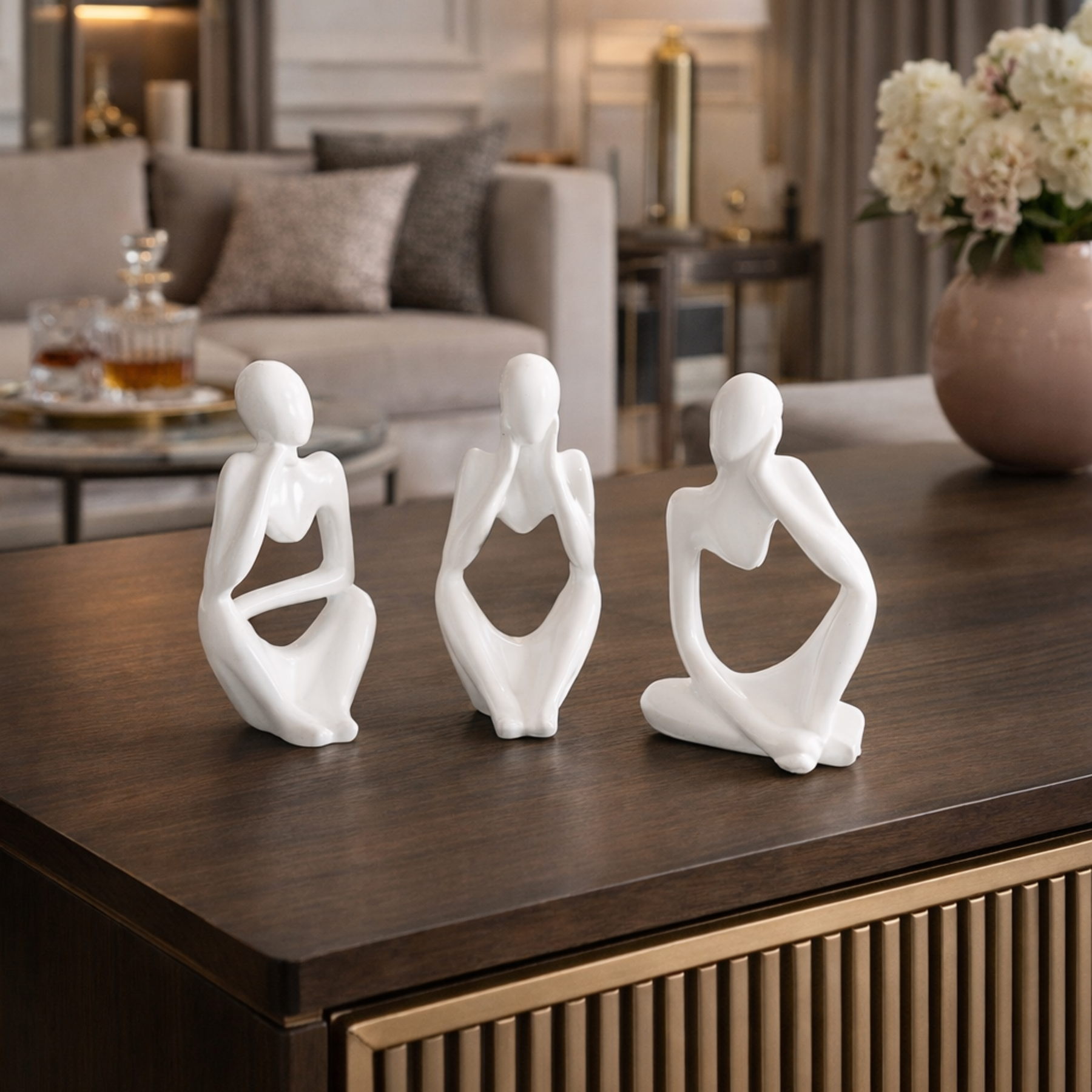 Kit Decorativo com 3 Estátuas Pensador Moderno em Porcelana