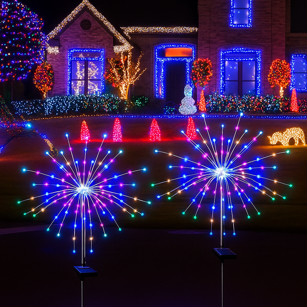 Luminária Solar Estaca LED Efeito Fogos de Artifício para Jardim