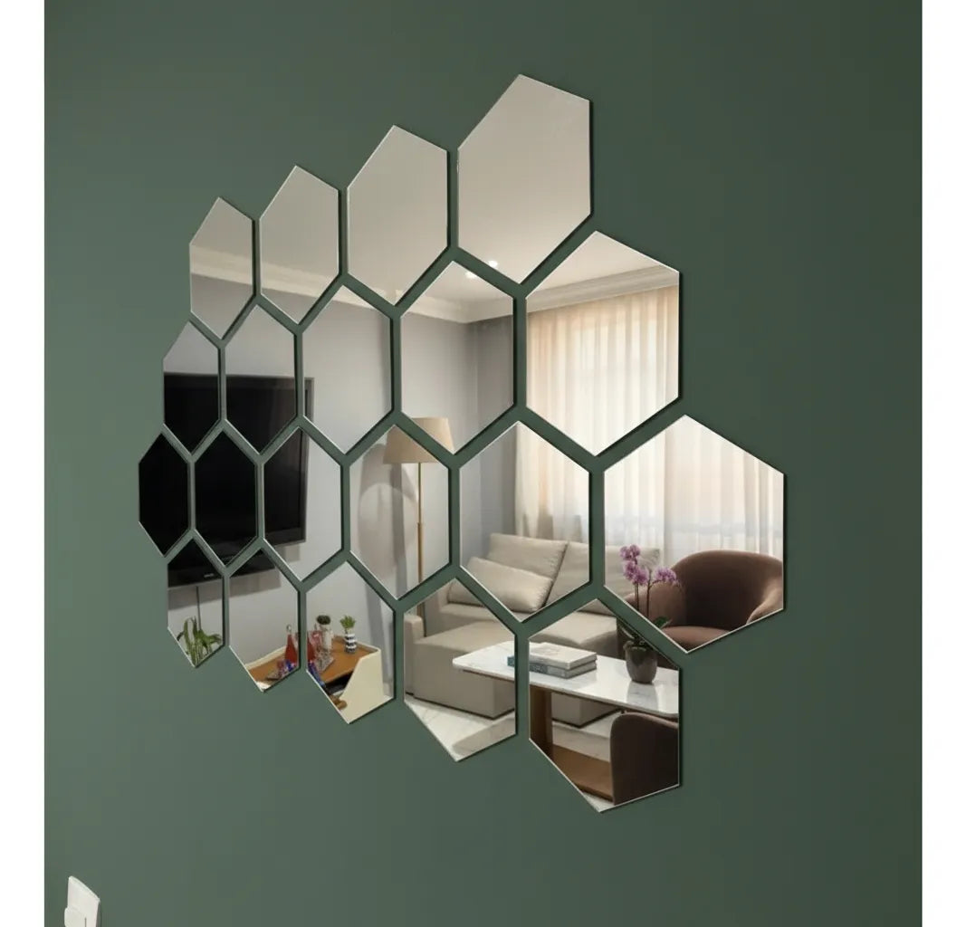 Kit 12 Espelhos Adesivos Decorativos Hexágonos em Acrílico