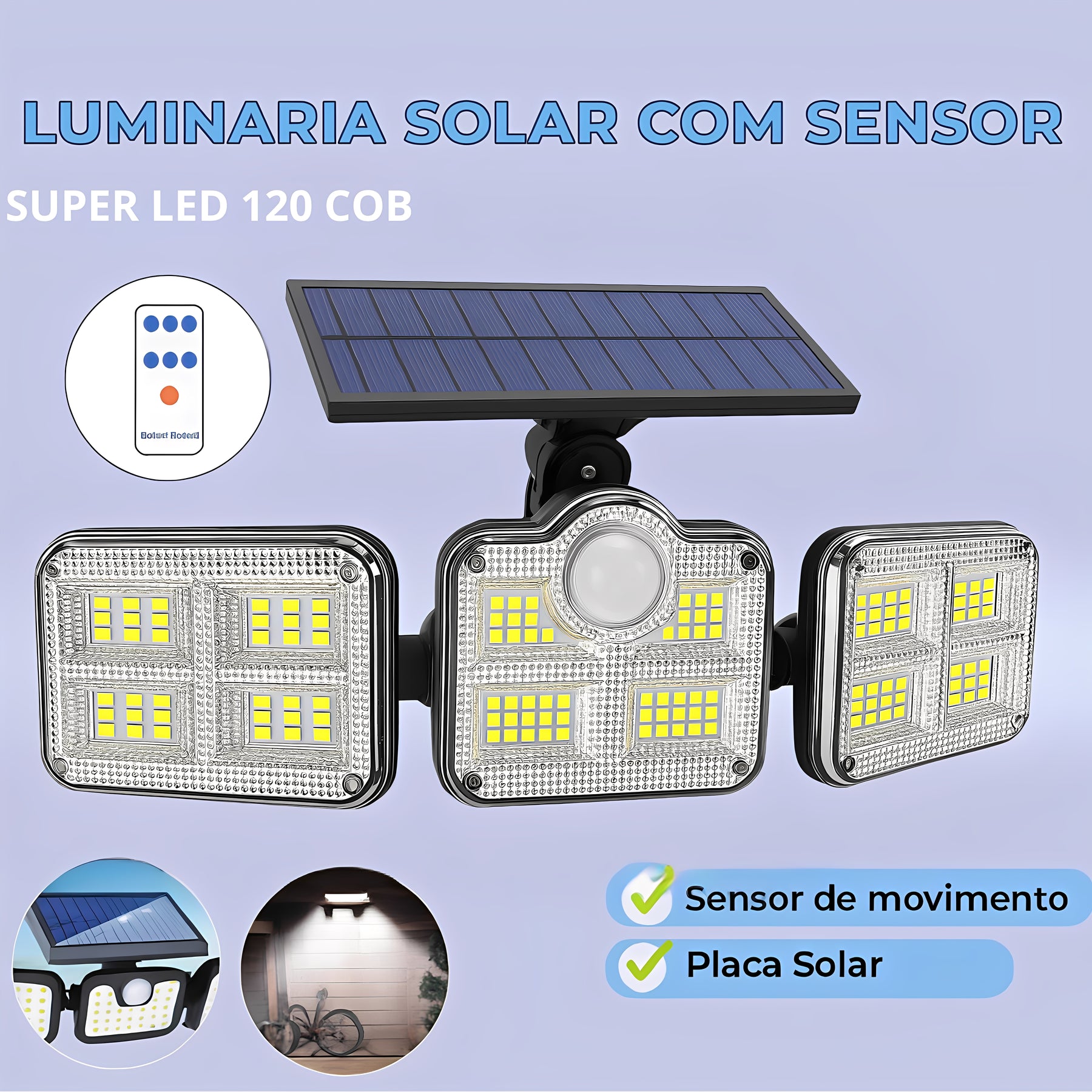 Refletor Solar COB com Sensor de Presença IP65 para Parede
