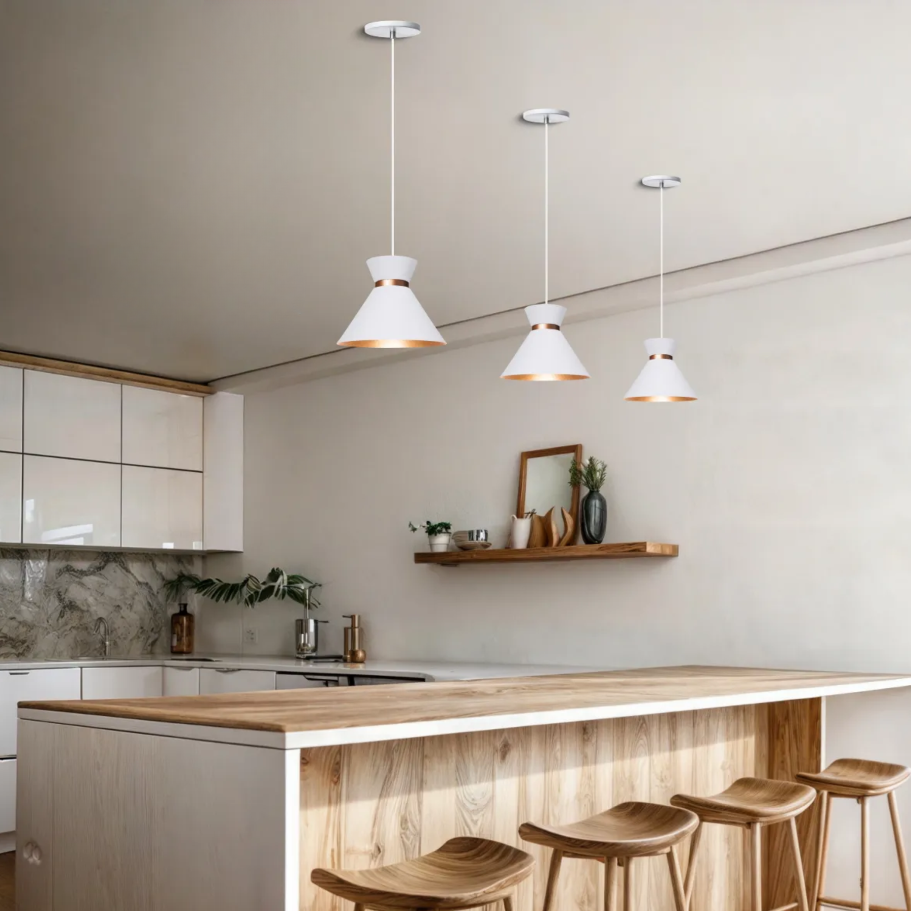 Kit 3 Pendentes Decorativos Sofisticados Branco com Cobre