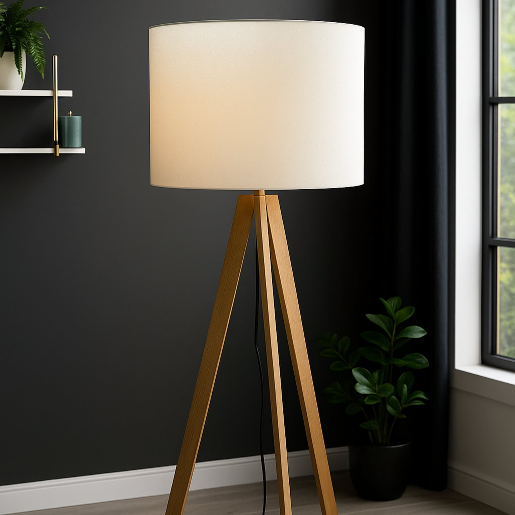 Abajur de Chão com Tripé em Madeira e Cúpula Design Escandinavo