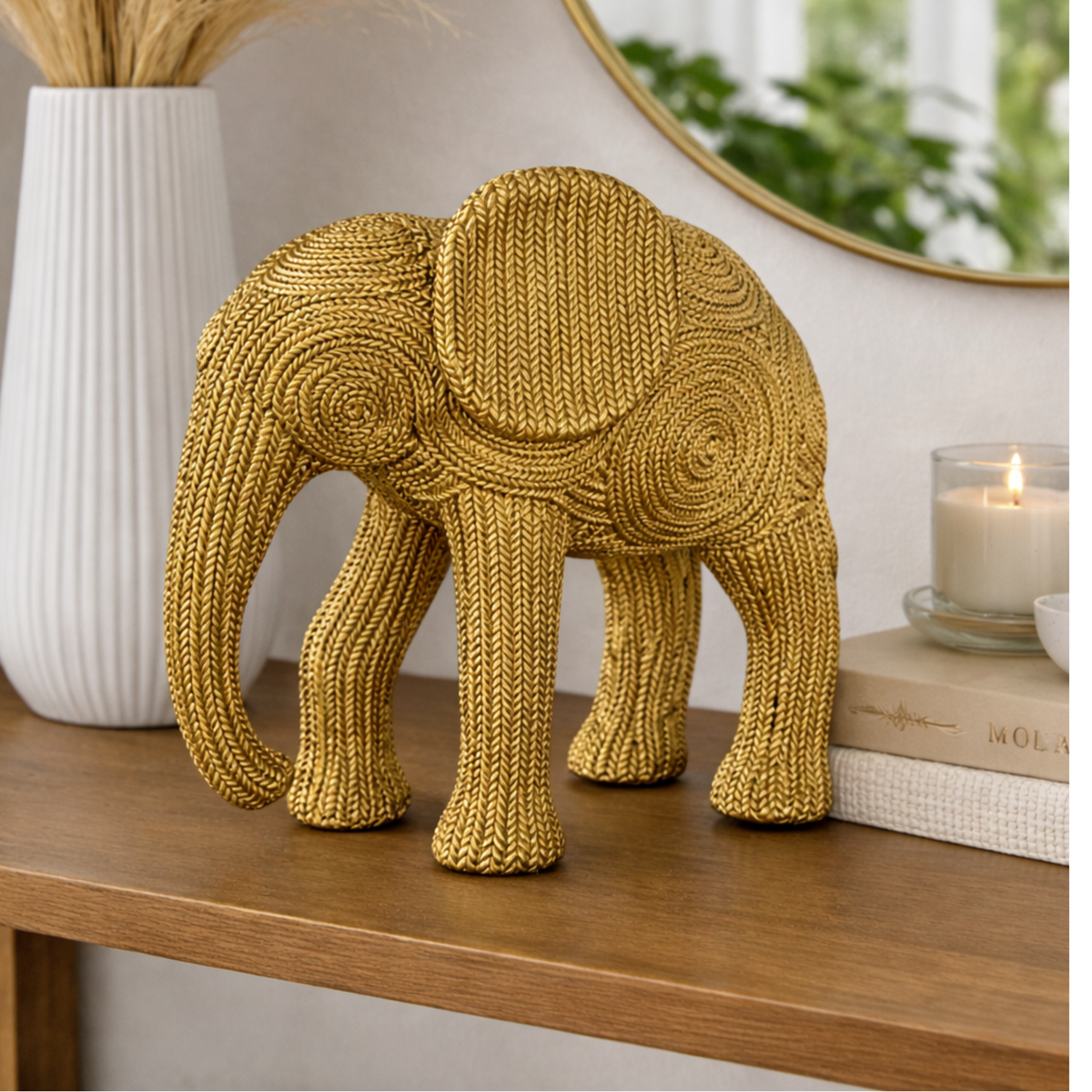 Estatueta Elefante da Sorte Decorativo Dourado Textura Sisal