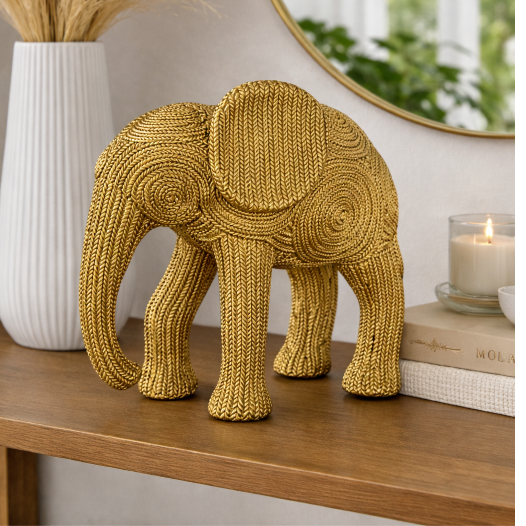 Estatueta Elefante da Sorte Decorativo Dourado Textura Sisal