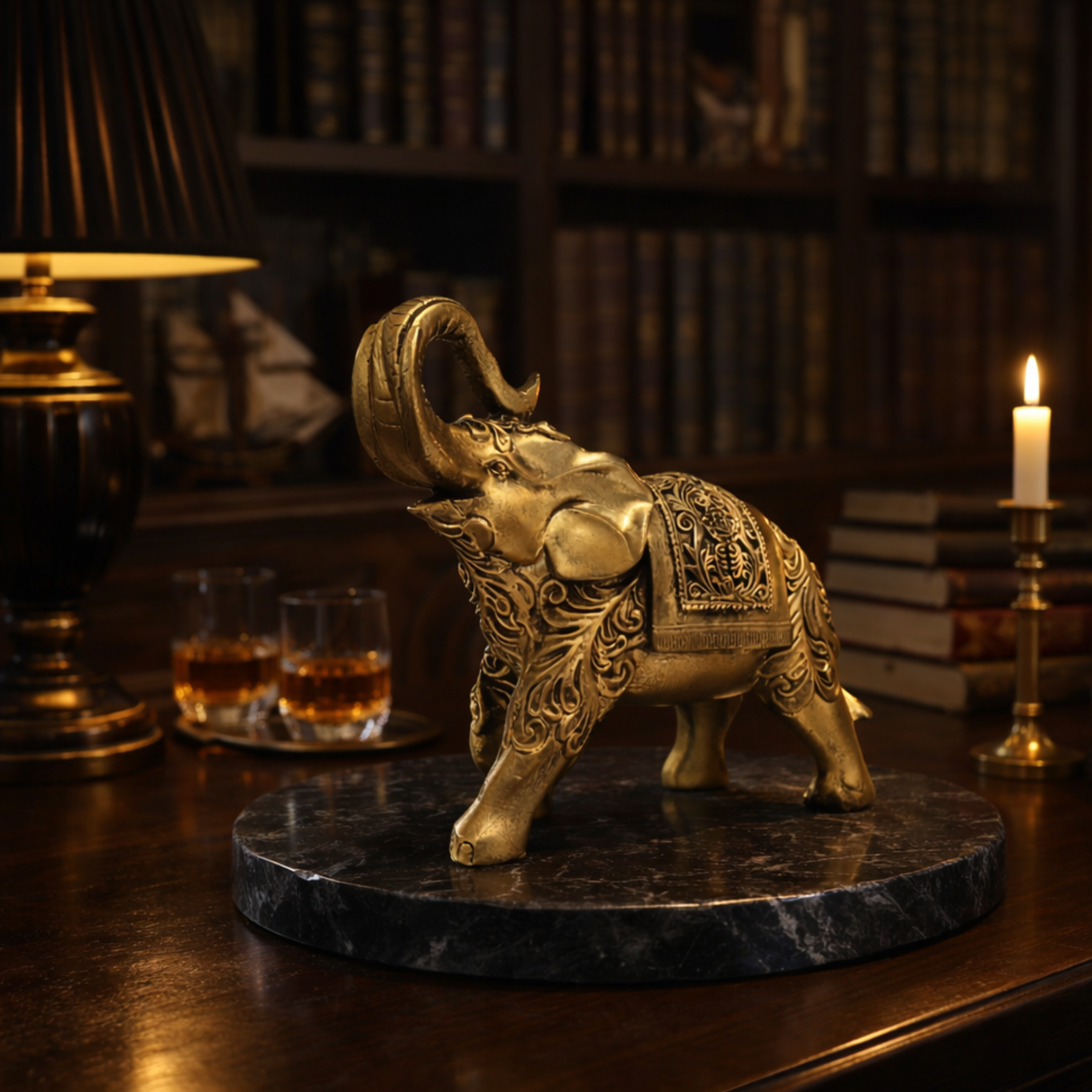 Escultura Elefante Indiano Dourado Decorativo Prosperidade e Sorte