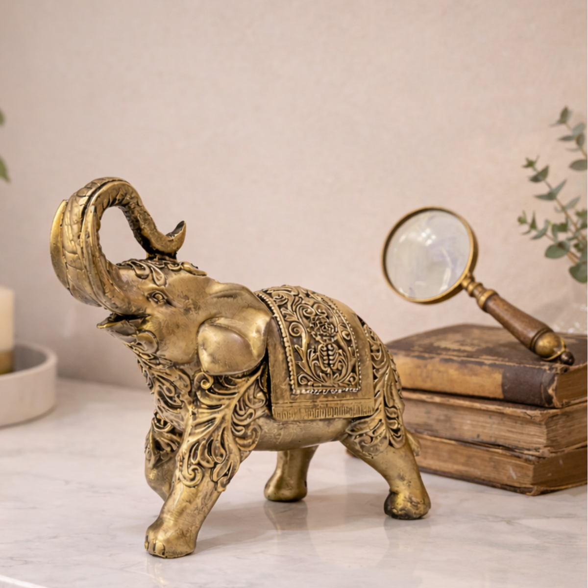 Escultura Elefante Indiano Dourado Decorativo Prosperidade e Sorte