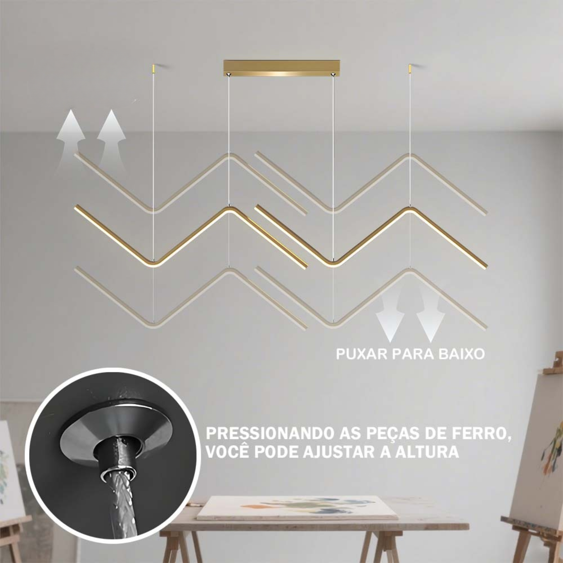 Luminária LED Pendente Geométrica Dourada com 3 Tons de Luz