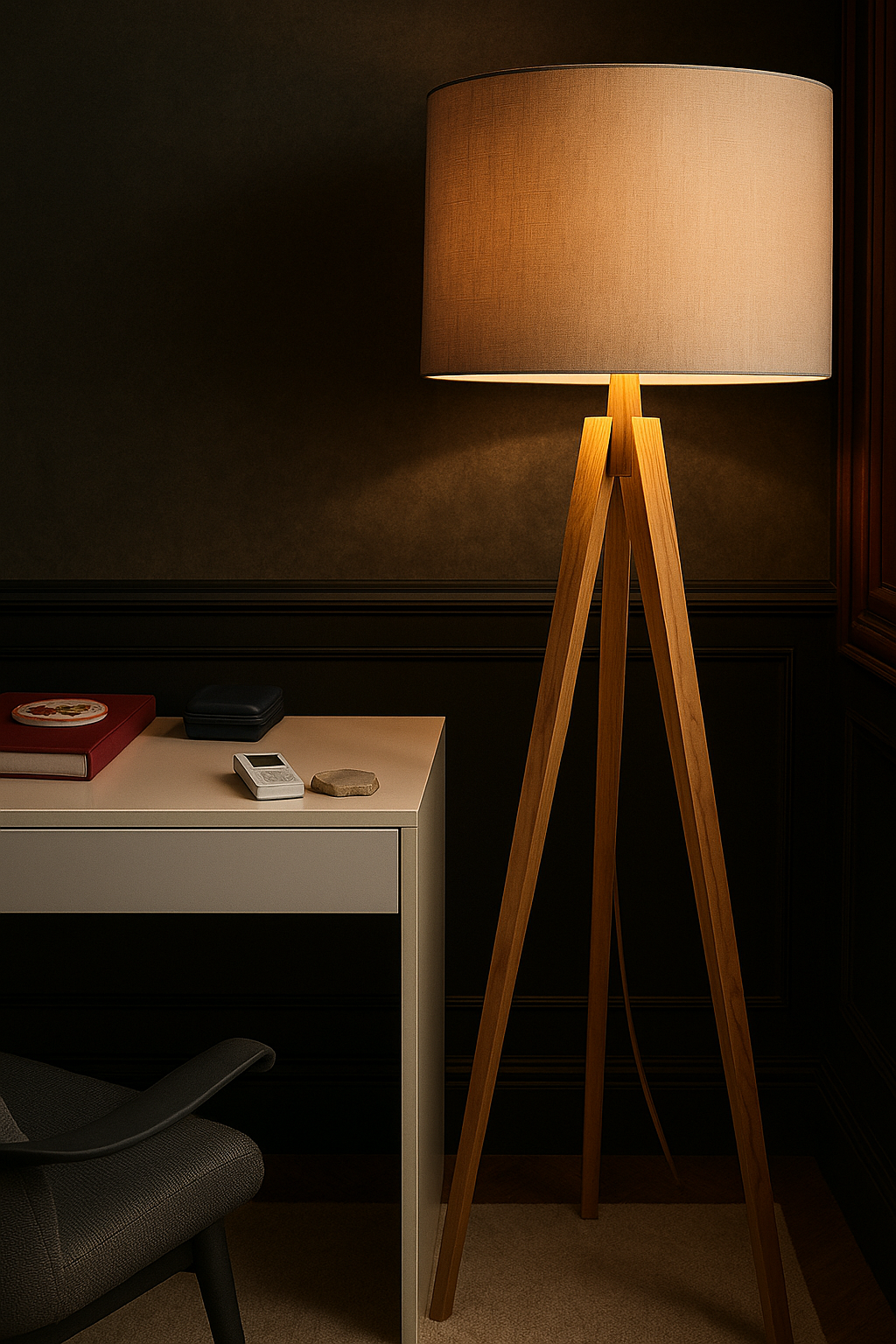 Abajur de Chão com Tripé em Madeira e Cúpula Design Escandinavo