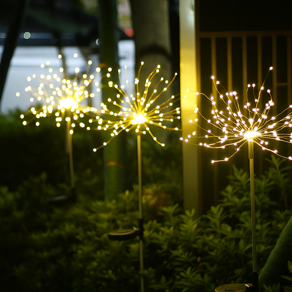 Luminária Solar Estaca LED Efeito Fogos de Artifício para Jardim