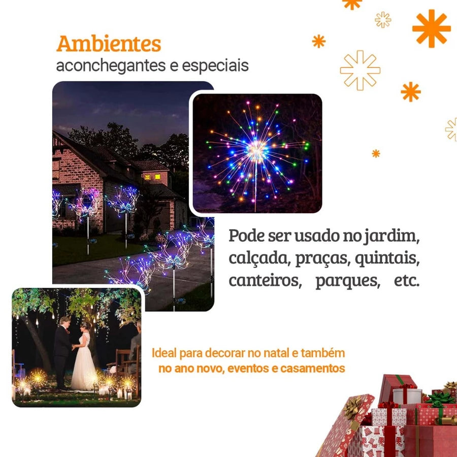Luminária Solar Estaca LED Efeito Fogos de Artifício para Jardim