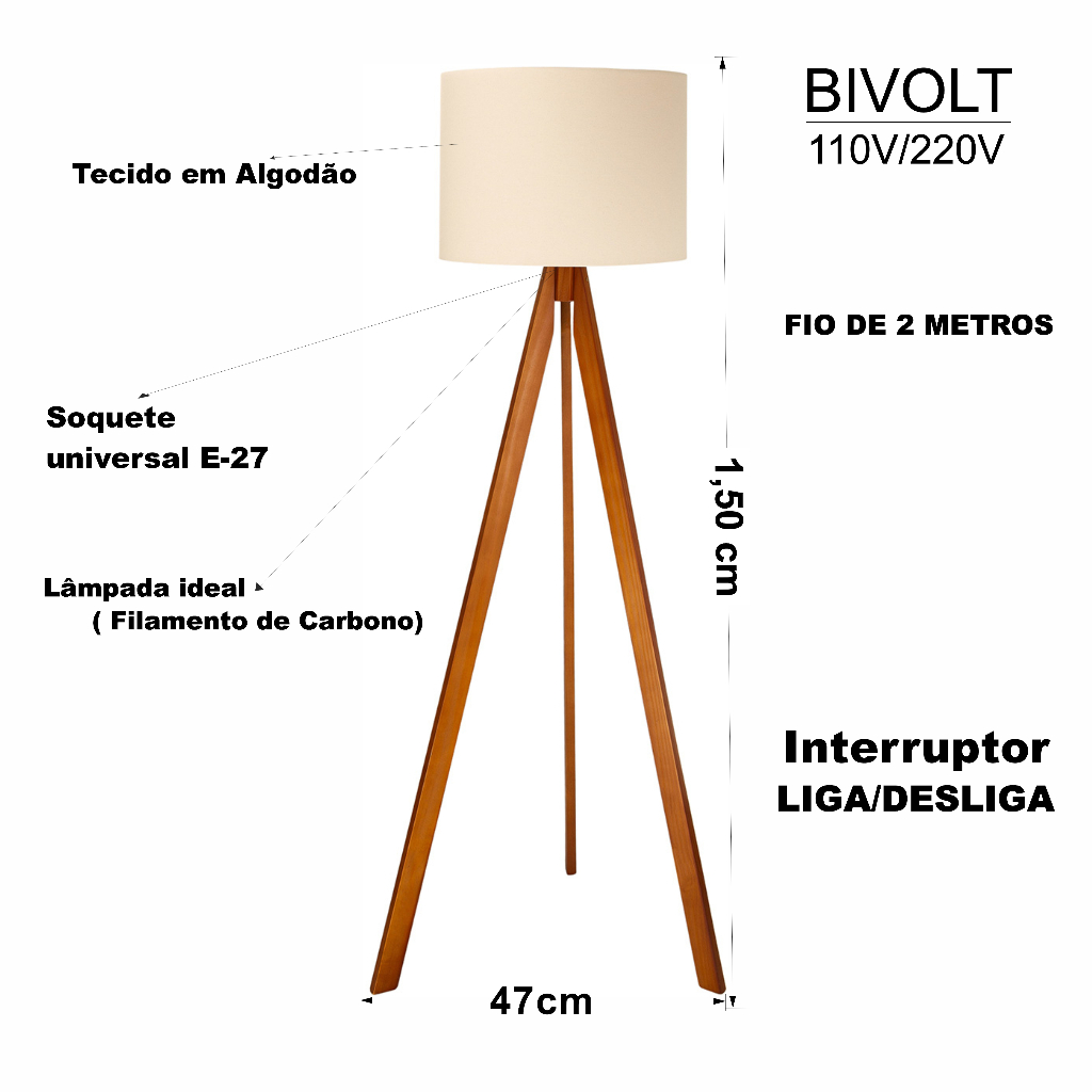 Abajur De Chão Tripé 1,50 Cm Completo Com Cúpula E Fiação Luminária De Piso Para Sala, Quarto
