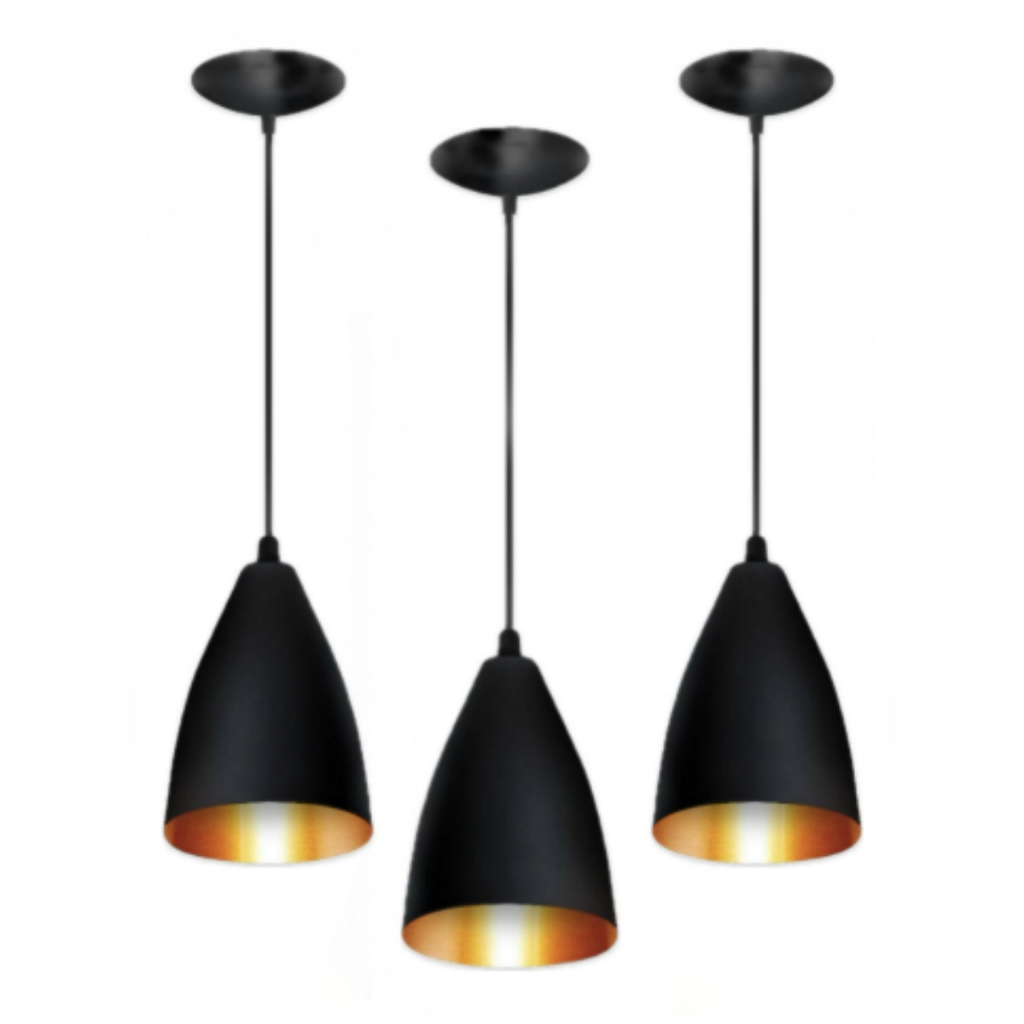 Kit Luminária Pendente Cônica Moderna Ajustável Preto Fosco