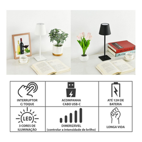 Kit 2 Luminária Abajur Mesa Led Touch S/ Fio Recarregável Preta