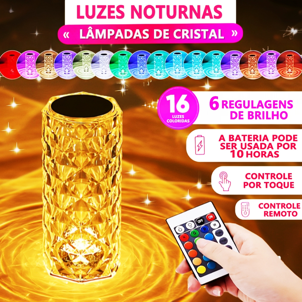 Luminária De Mesa De Cristal LED Com 16 Cores De Luz Projetor Diamante Controle De Toque Cabeceira