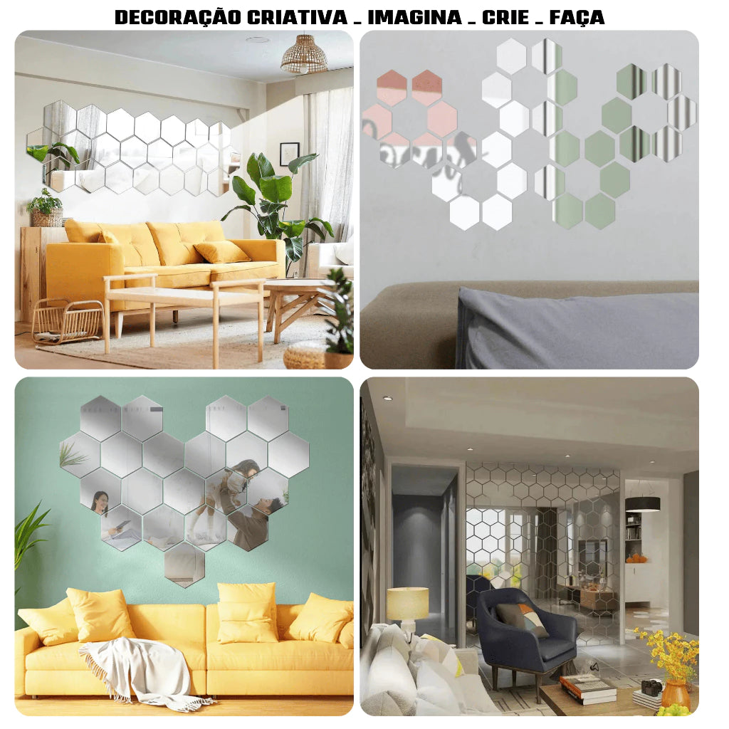 Kit 12 Espelhos Adesivos Decorativos Hexágonos em Acrílico