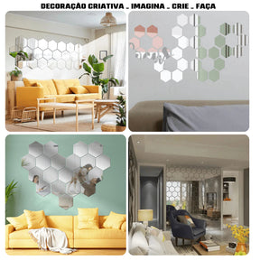 Kit 12 Espelhos Adesivos Decorativos Hexágonos em Acrílico