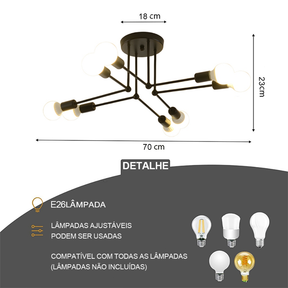 Lustre de Teto Moderno com 8 Lâmpadas e Hastes Estilo Geométrico