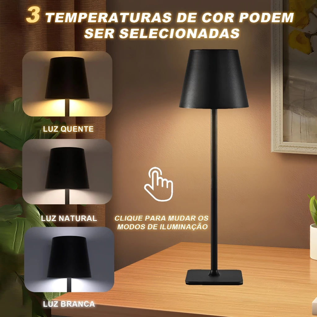Luminária Abajur LED Recarregável Touch Dimerizável com 2 Alturas