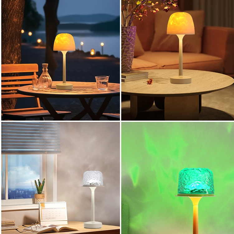Luminária de mesa noturna com ondulação de água acrílica de dupla função, projeção, lâmpada de cristal com ondas giratór