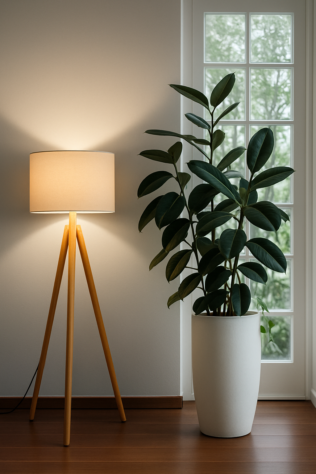 Abajur de Chão com Tripé em Madeira e Cúpula Design Escandinavo