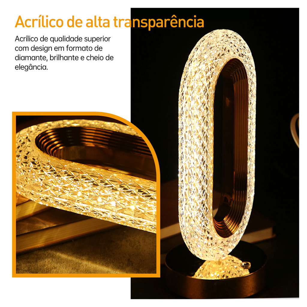 Abajur de cabeceira cristal 3 tons ajustáveis luminária para quarto LED luxuoso decoração casa