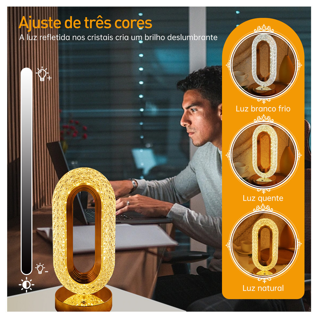 Abajur de cabeceira cristal 3 tons ajustáveis luminária para quarto LED luxuoso decoração casa