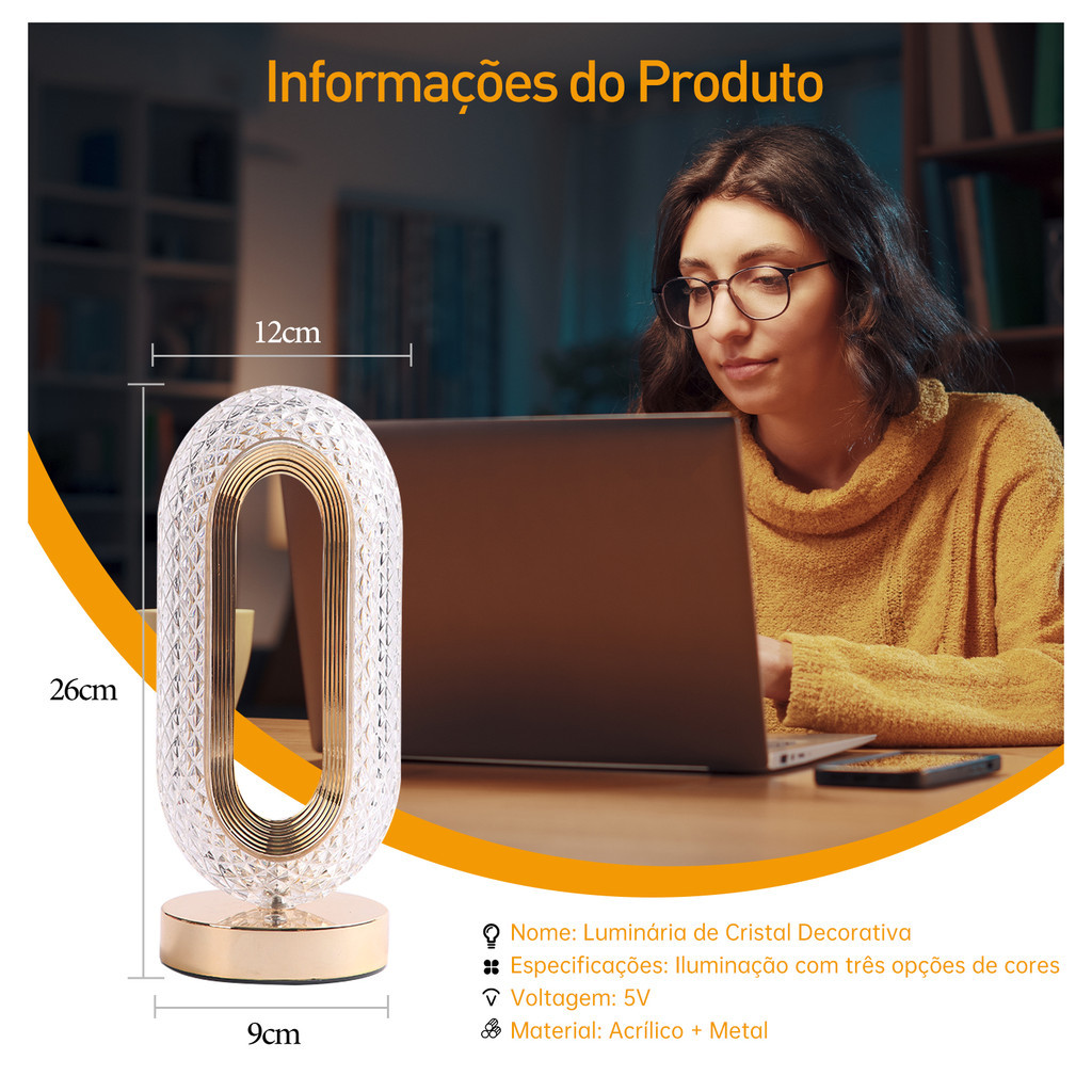 Abajur de cabeceira cristal 3 tons ajustáveis luminária para quarto LED luxuoso decoração casa